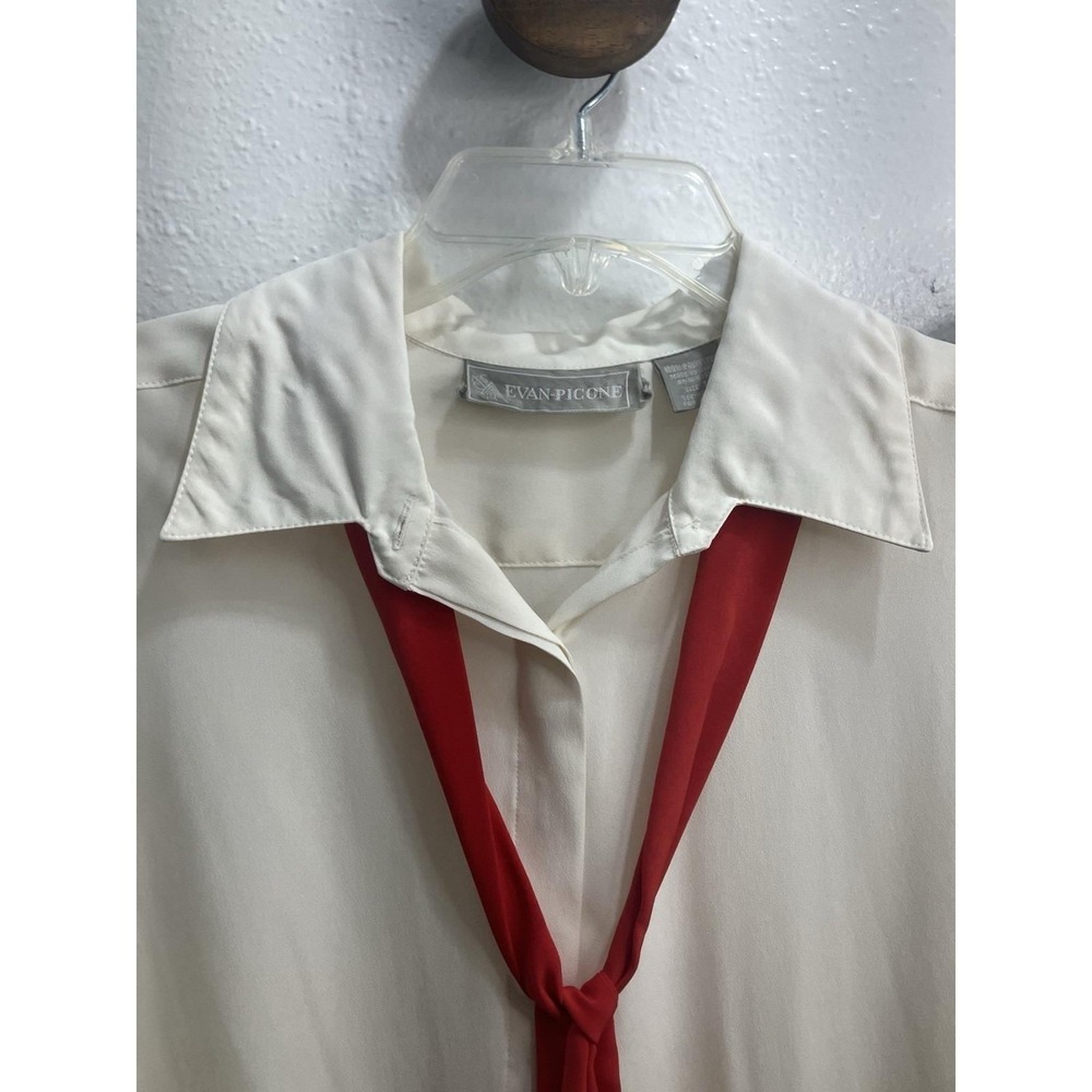 Vintage 80s Evan-Picone Ivory Silky Red Tie Neck Secretary Blouse Size 16 - Picture 5 of 10